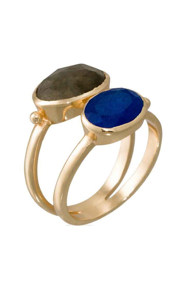 Bague Océane - Laiton doré, labradorite gris & jade bleu