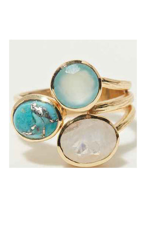 Bague ajustable - Laiton doré, pierre de lune & onyx paraïba