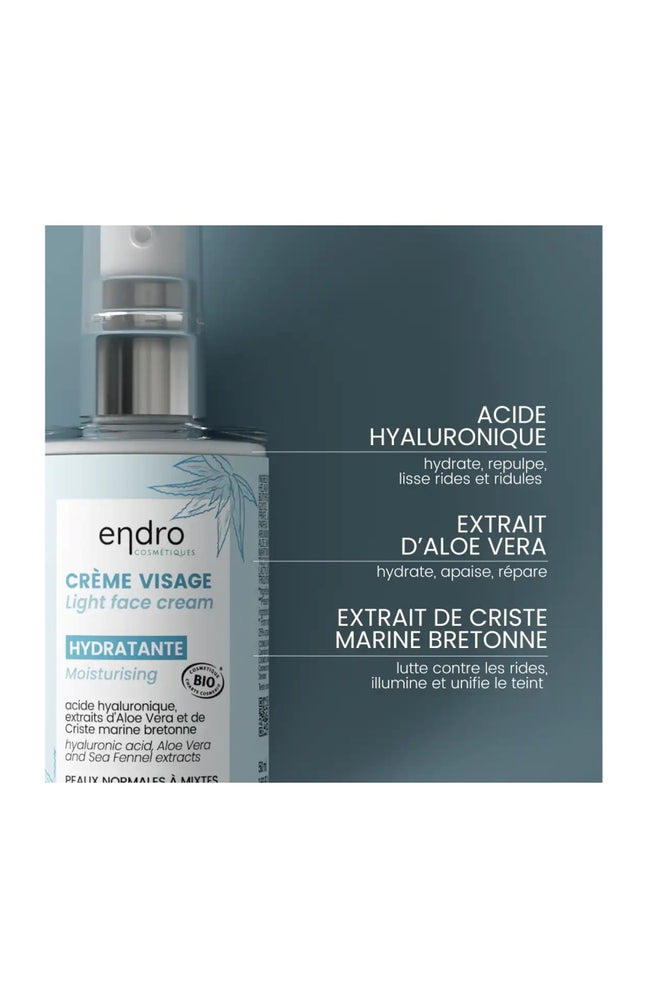 Crème légère hydratante bio - Acide hyaluronique & aloe vera -  Peaux mixtes - 50 ml