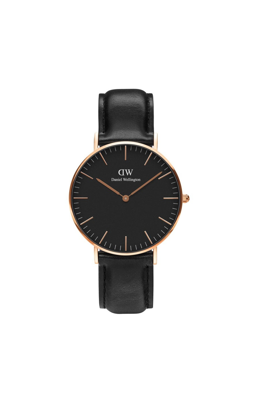 Montre à quartz - Plaqué or rose & cuir noir - Femme