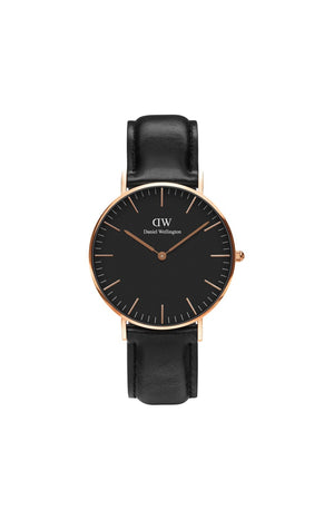 Montre à quartz - Plaqué or rose & cuir noir - Femme