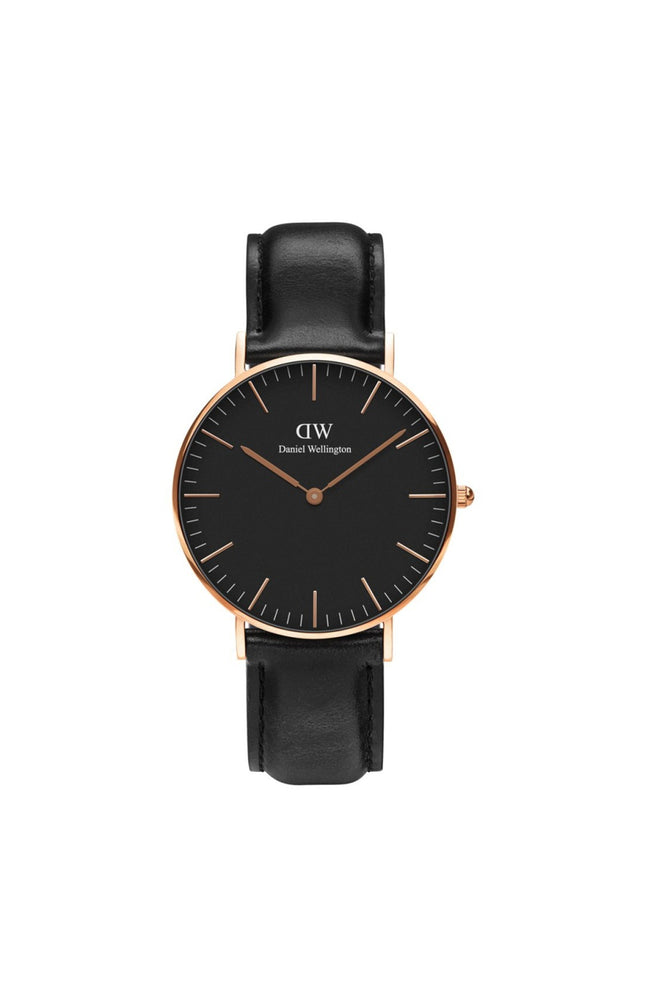 Montre à quartz - Plaqué or rose & cuir noir - Femme
