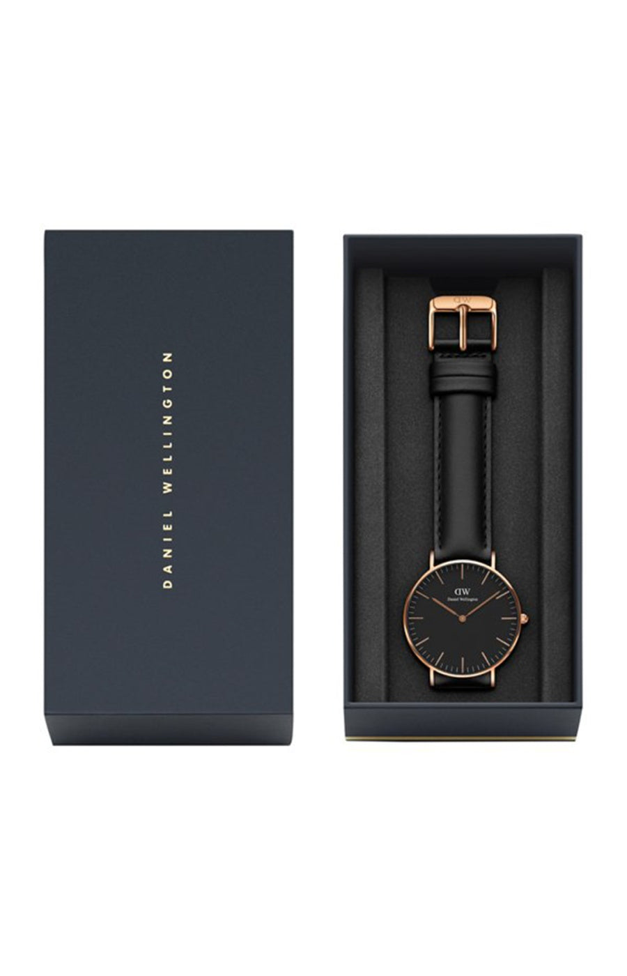 Montre à quartz - Plaqué or rose & cuir noir - Femme