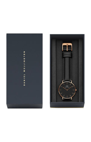 Montre à quartz - Plaqué or rose & cuir noir - Femme