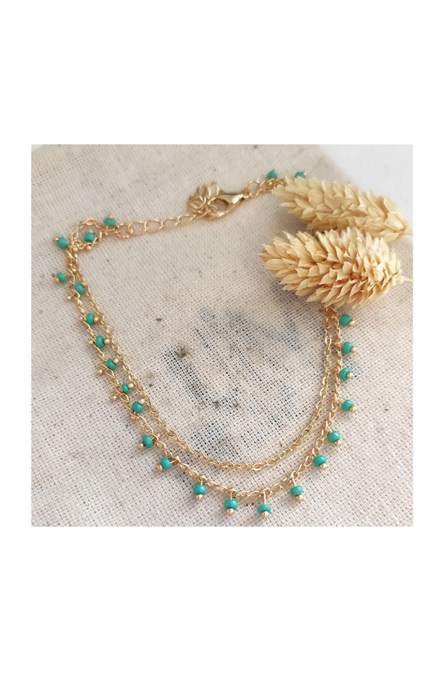 Bracelet de cheville avec des pierres cristaux turquoises - Laiton doré & plaqué or