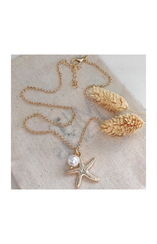 Collier pendentif en étoile de mer - Laiton doré, plaqué or & perle