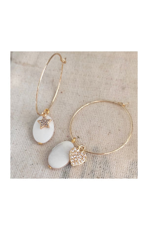 Boucles d'oreilles créoles étoile & cœur - Laiton doré, plaqué or, perle nacré & zircon