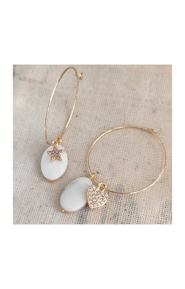 Boucles d'oreilles créoles étoile & cœur - Laiton doré, plaqué or, perle nacré & zircon