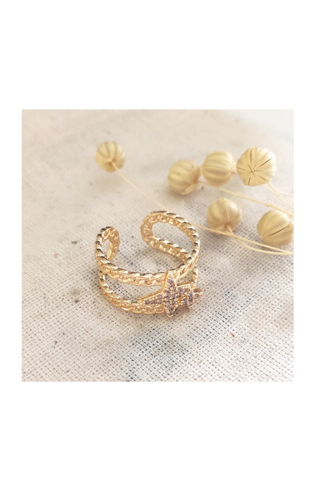 Bague ajustable - Laiton plaqué or & zircon
