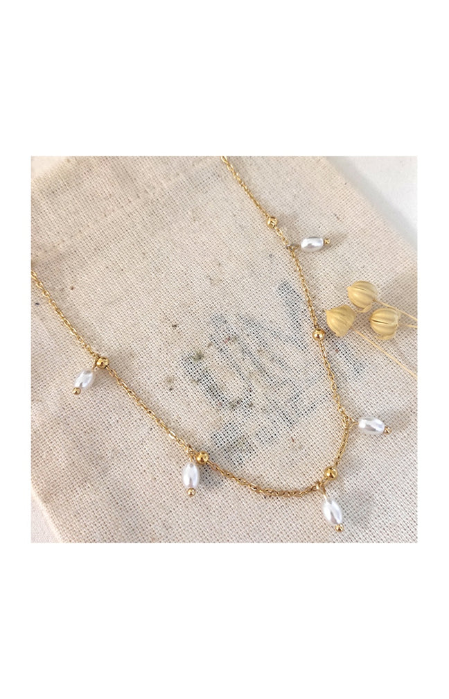 Collier - Laiton plaqué or, acier inoxydable & perles