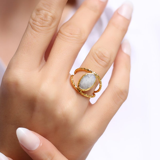 Bague - Laiton plaqué or, pierre de lune & amazonite