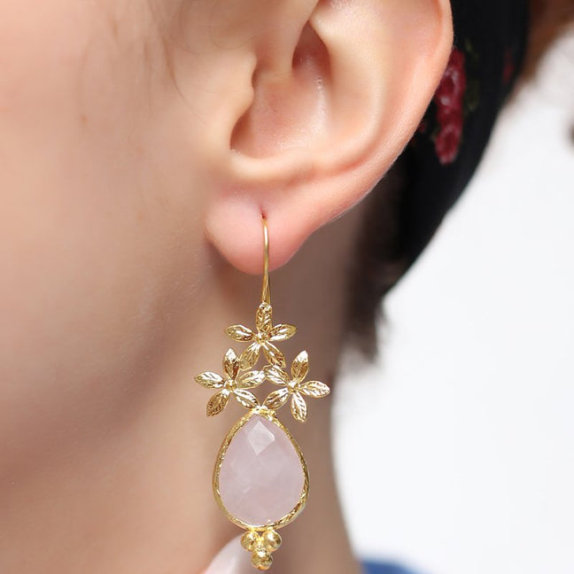 Boucles d'oreilles pendantes - quartz rose