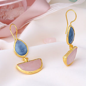 Boucles d'oreilles - Laiton plaqué or, opale bleue & quartz rose