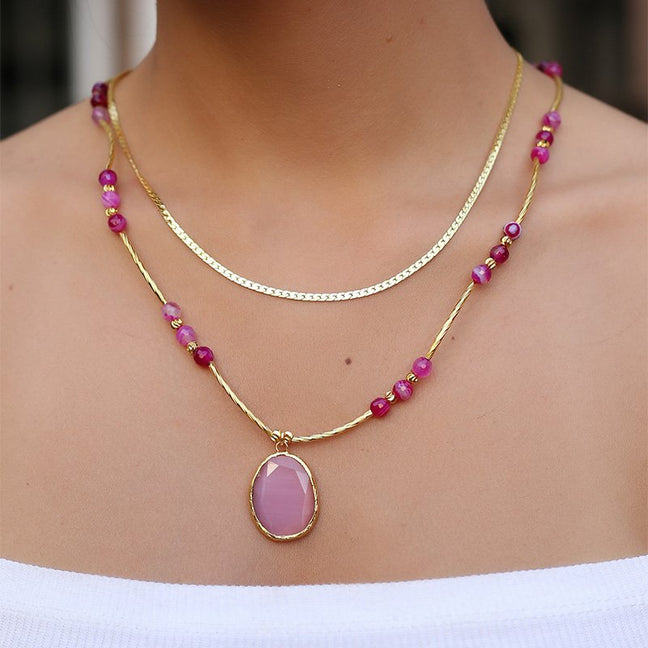 Collier - Laiton plaqué or & quartz rose