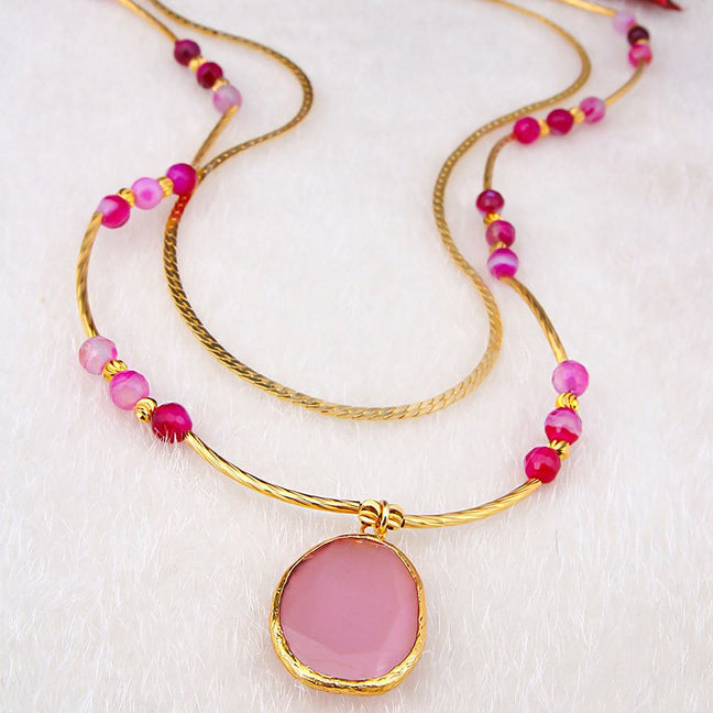 Collier - Laiton plaqué or & quartz rose