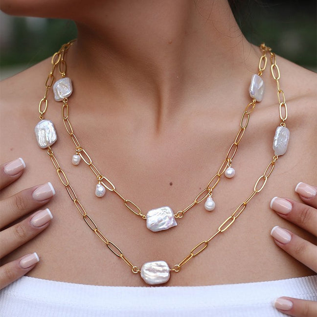 Collier - Laiton plaqué or, perle & nacre