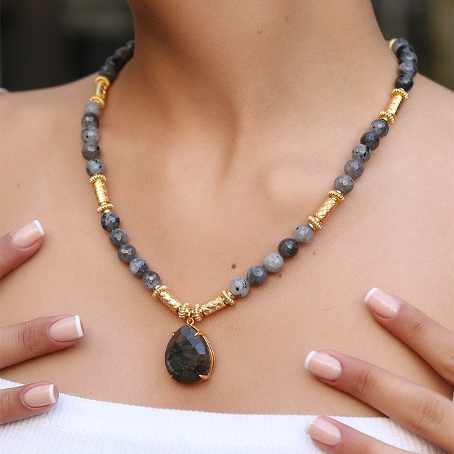Collier - Laiton plaqué or & labradorite