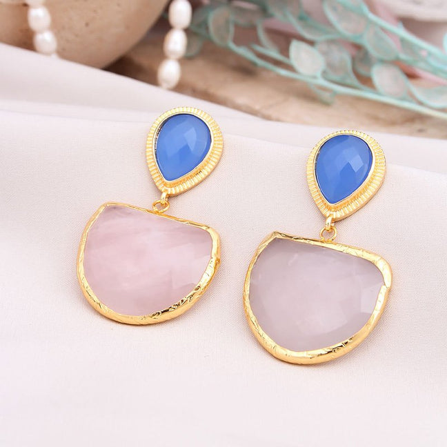 Boucles d'oreilles - Laiton plaqué or, quartz & pierre œil de chat