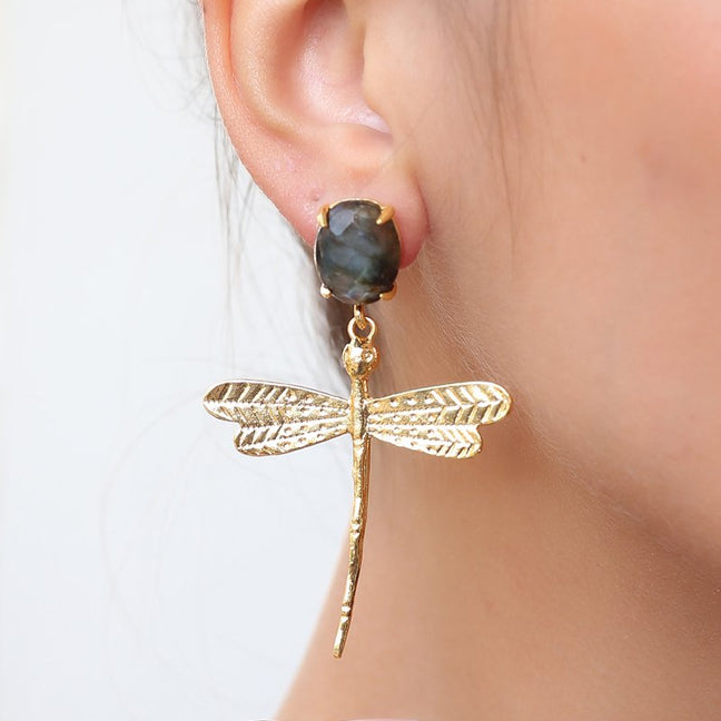 Boucles d'oreilles - Laiton plaqué or & labradorite
