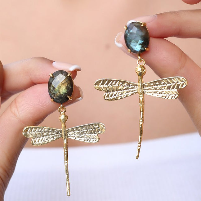 Boucles d'oreilles - Laiton plaqué or & labradorite