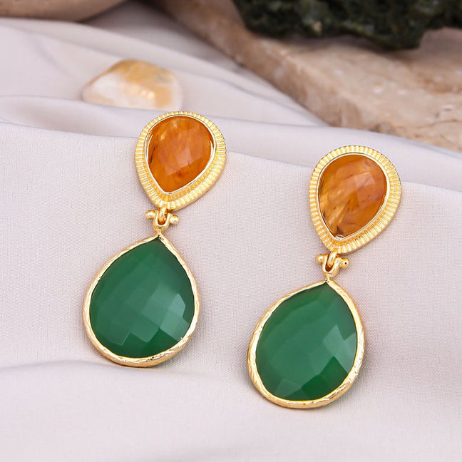 Boucles d'oreilles pendantes - Laiton plaqué or & citrine