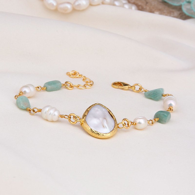 Bracelet - Laiton plaqué or, amazonite & perle
