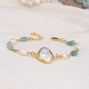 Bracelet - Laiton plaqué or, amazonite & perle