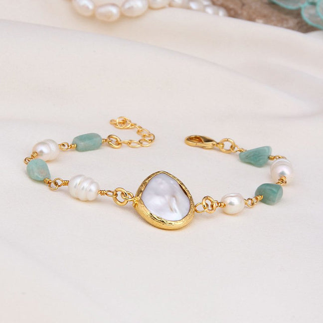 Bracelet - Laiton plaqué or, amazonite & perle