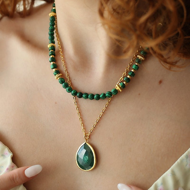 Collier - Laiton plaqué or & malachite
