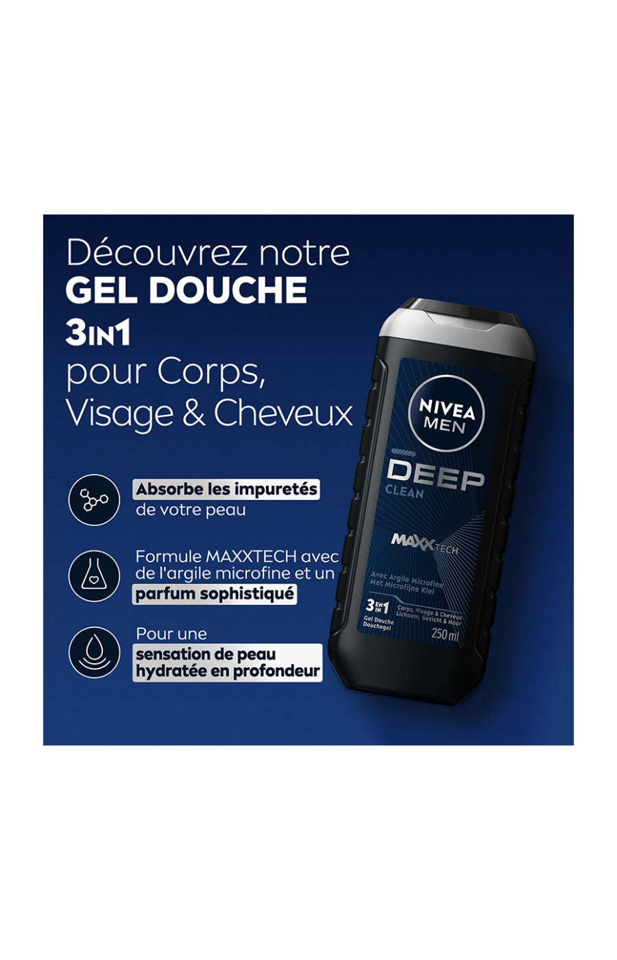 Gels douche 3-en-1 à la poudre d'argile - Visage, corps & cheveux - Homme - 3 x 250 ml