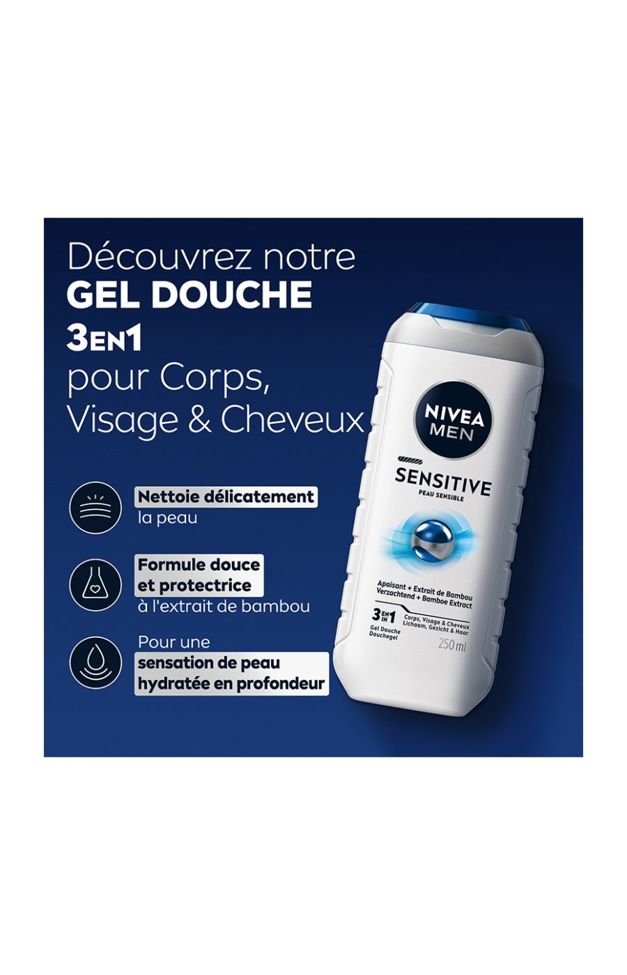 Gel douche aux extraits de bambou - Peaux sensibles - Homme - 250 ml