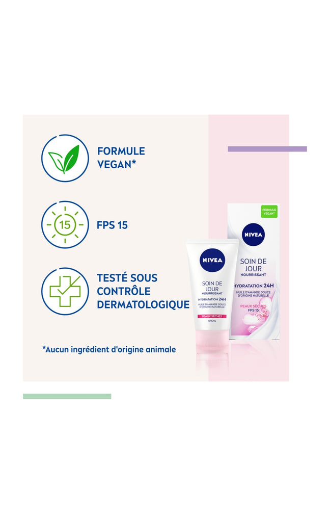 Crème de jour nourrissant & hydratant 24h SPF 15 - Huile d'amande douce - Peaux sèches - 50 ml