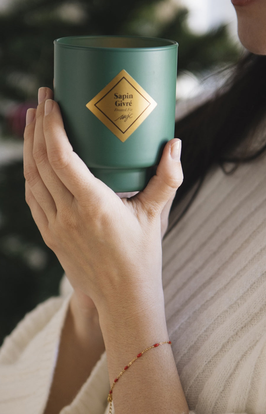 Bougie parfumée - Sapin givré - Bracelet acier inoxydable doré & rouge - 200 g