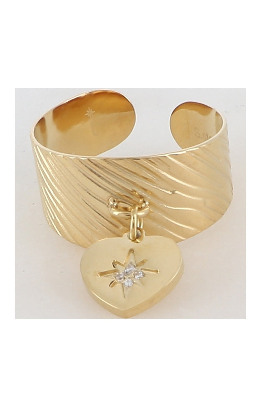 Bague pampille coeur - Acier inoxydable doré& strass doré & blanc