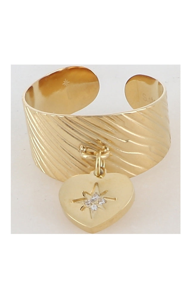 Bague pampille coeur - Acier inoxydable doré& strass doré & blanc