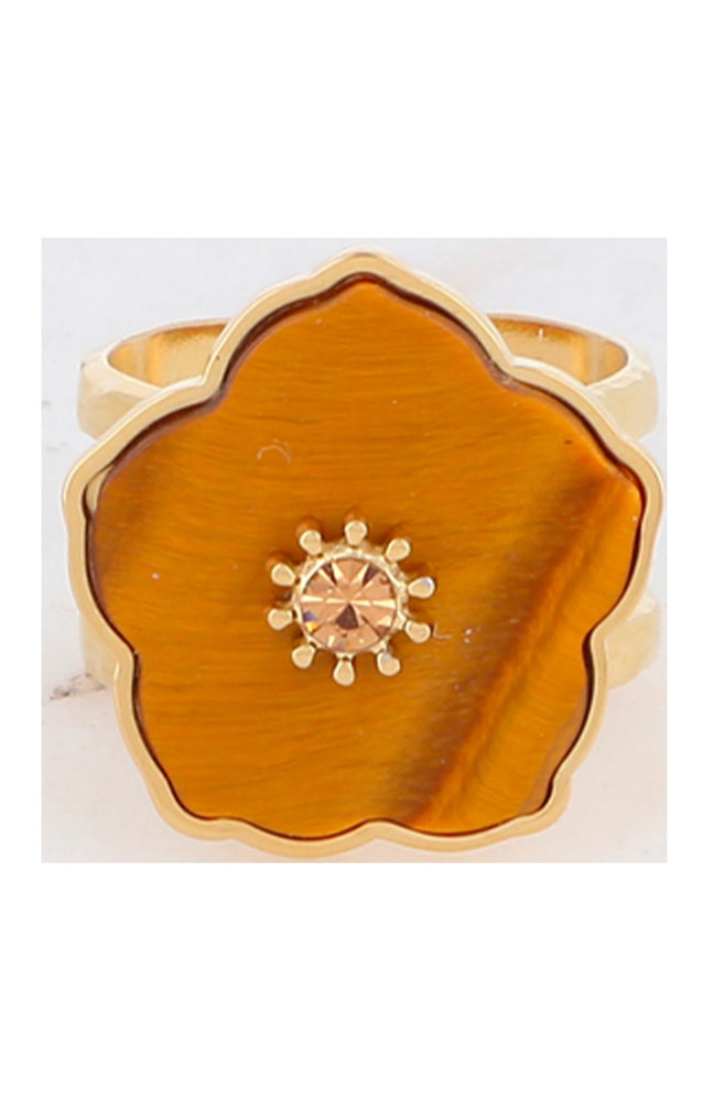 Bague fleur - Acier inoxydable doré,  cornaline, strass marron