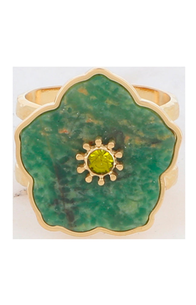 Bague fleurs - Acier inoxydable doré, cornaline & strass