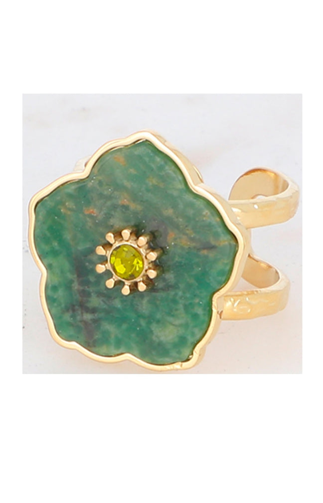 Bague fleurs - Acier inoxydable doré, cornaline & strass