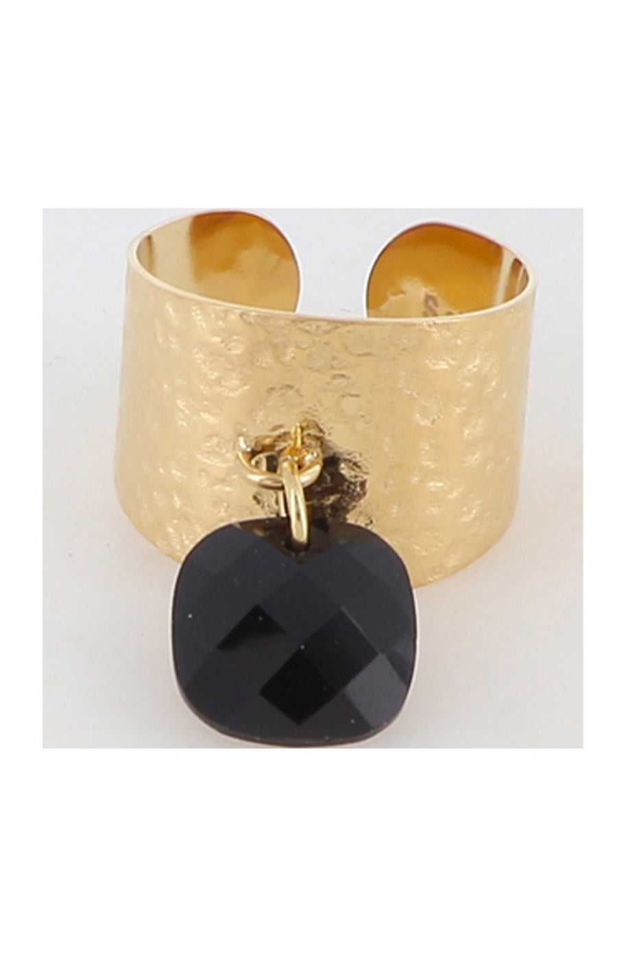 Bague martelée - Acier inoxydable doré, pampille carrée & pâte de verre noir