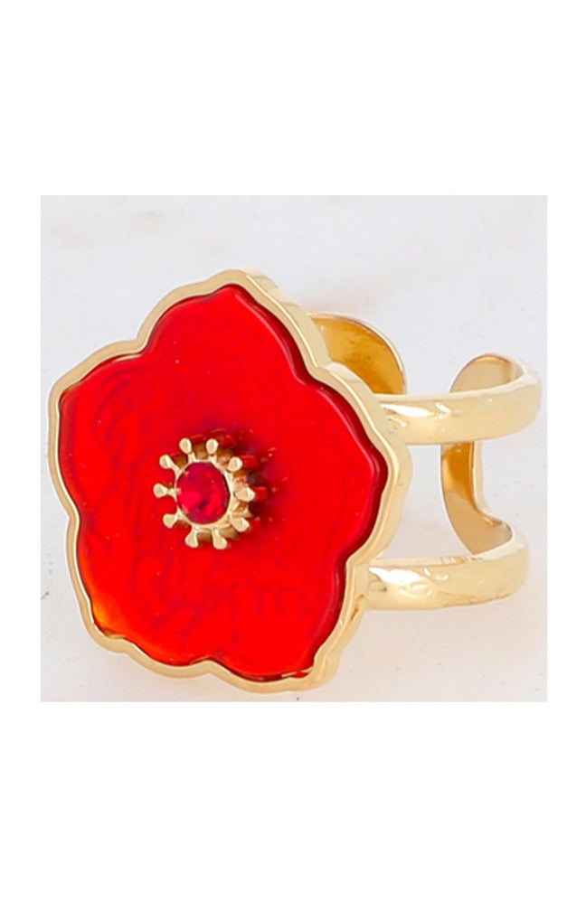 Bague fleur - Acier inoxydable doré, cornaline & strass