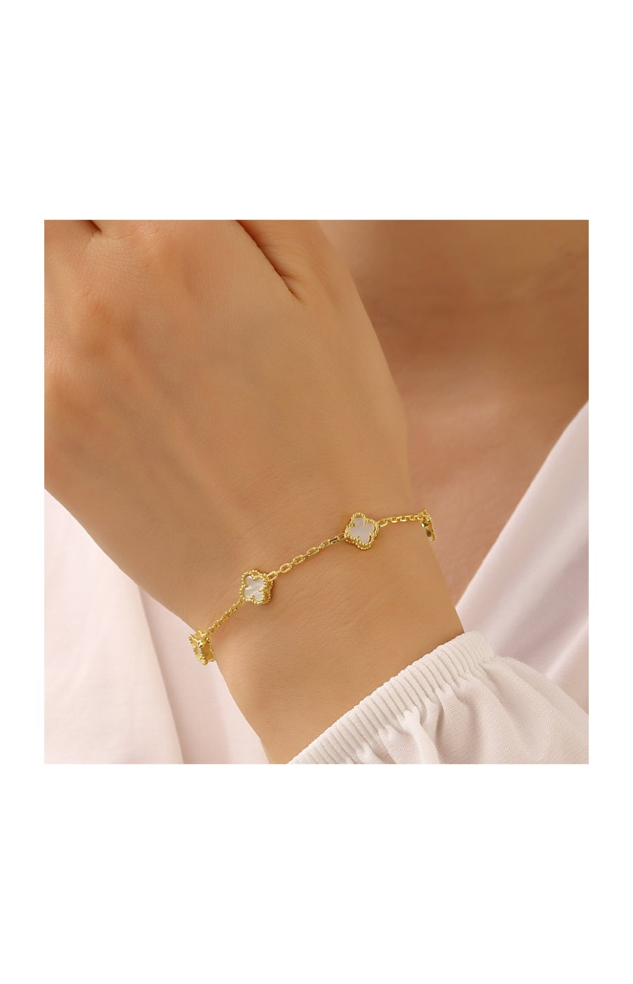 Bracelet trèfles - Argent 925/000 plaqué or & nacre - blanc