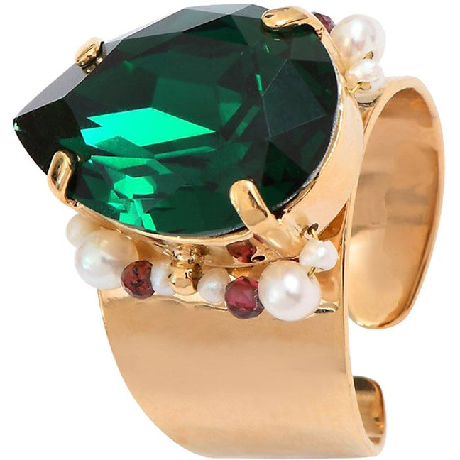 Bague Joyce - Métal doré à l’or jaune, perles & cristaux verts