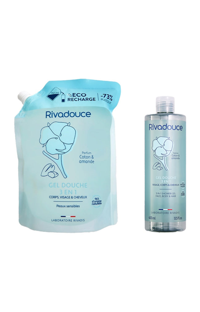 Gel douche & éco-recharge - Coton & amande - Visage, corps & cheveux