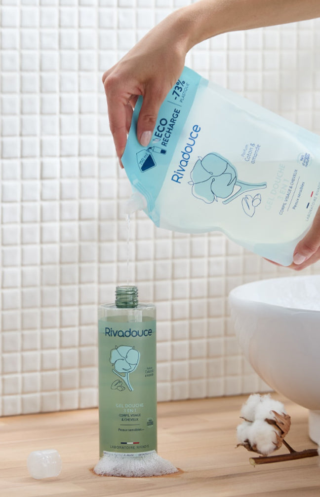 Gel douche & éco-recharge - Coton & amande - Visage, corps & cheveux