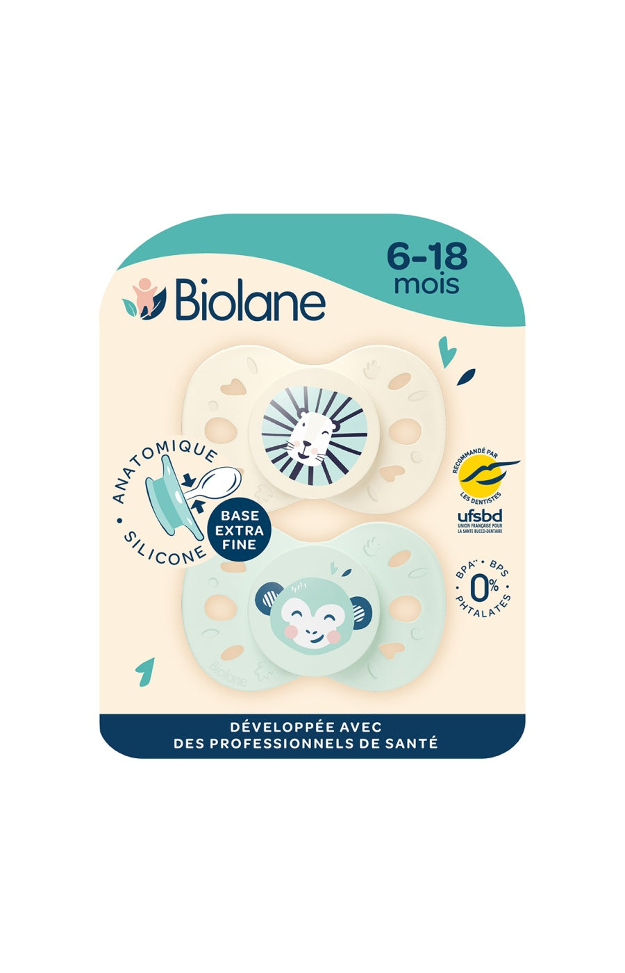 Tétines anatomiques - Animaux - 6 à 18 mois - Vert & beige