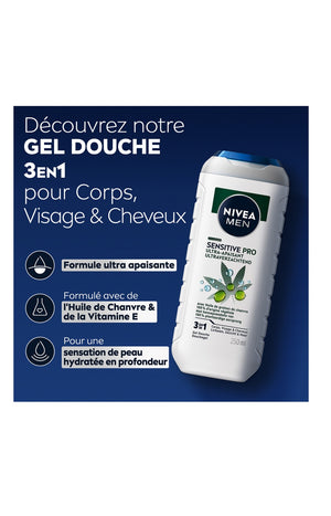 Gels douche 3-en-1 - Sensitive Pro - Graines de chanvre - Corps, visage & cheveux - Homme - 3 x 250 ml