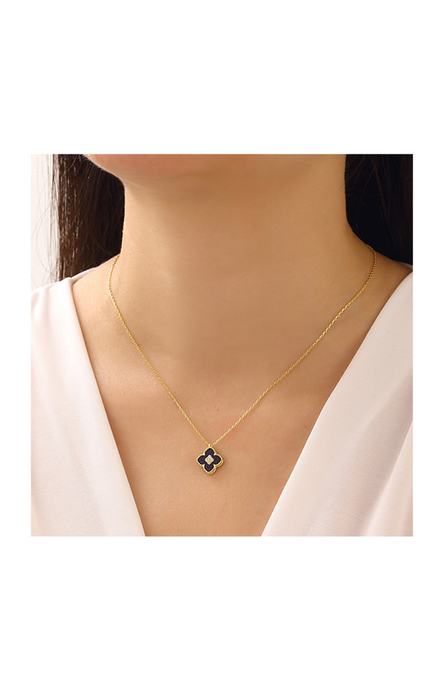 Collier pendentif trèfle doré - Nacre noire & zircon