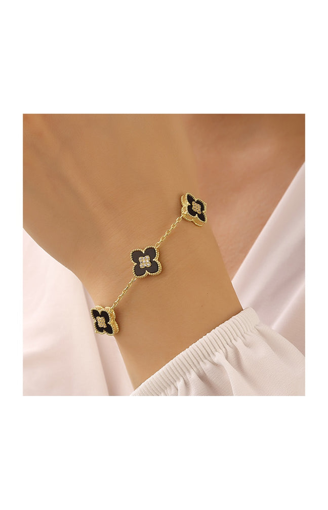 Bracelet trèfles doré - Argent 925, nacre noire & zircon