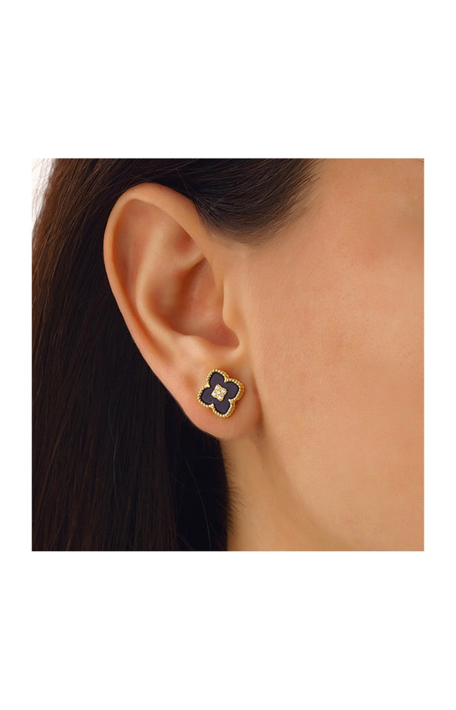 Boucles d’oreilles trèfle doré - Nacre noire & zircon