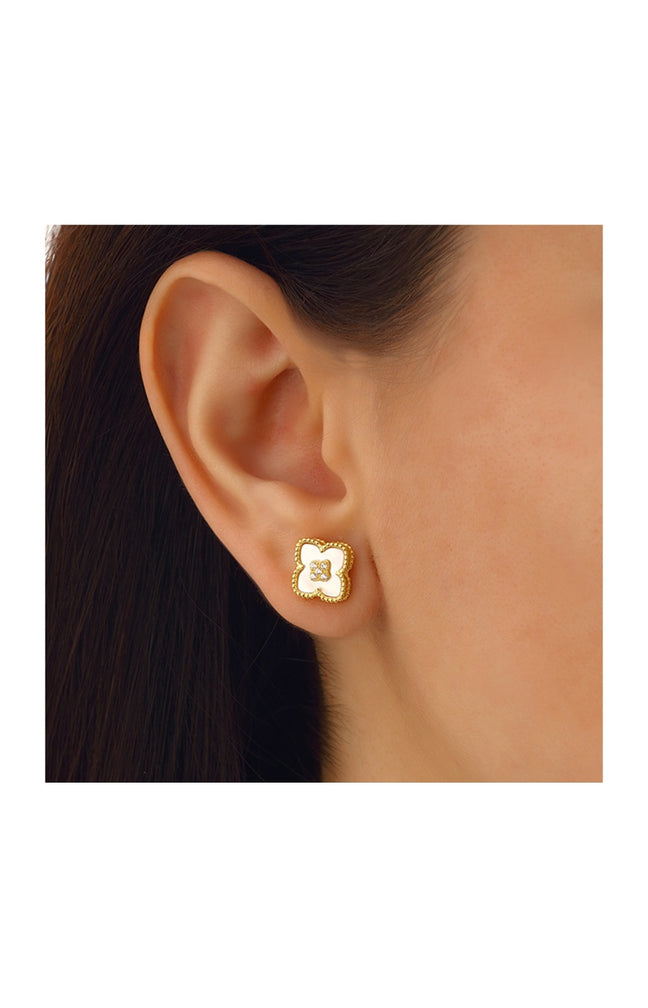 Boucles d’oreilles trèfle doré - Nacre blanche & zircon